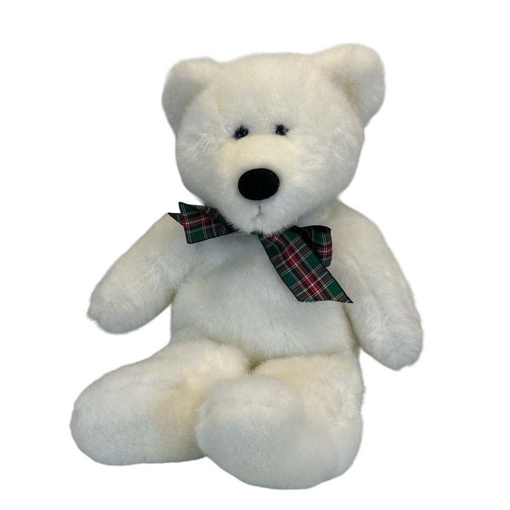 Vintage 1998 Abs Orbis Plush White Teddy Bear‎ With Tartan Scarf Zippered Pouch